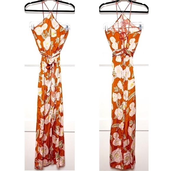 CAROLINA K Floral Satin Sleeveless Halter Neck Tie
Waist Leg Slit Maxi Dress XS - Picture 4 of 8